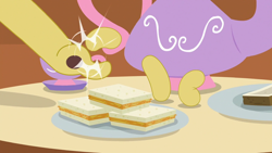 Size: 1280x720 | Tagged: safe, derpibooru import, screencap, discord, draconequus, discordant harmony, g4, cup, fluttershy's cottage (interior), food, hand, male, offscreen character, plate, sandwich, solo, teacup, teapot