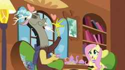 Size: 1280x720 | Tagged: safe, derpibooru import, screencap, discord, fluttershy, draconequus, pegasus, pony, discordant harmony, cup, duo, duo male and female, female, fluttershy's cottage (interior), food, male, sandwich, tea party, teacup, teapot