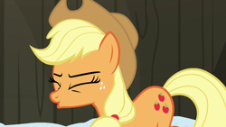 Size: 1280x720 | Tagged: safe, derpibooru import, screencap, applejack, earth pony, pony, not asking for trouble, eyes closed, solo