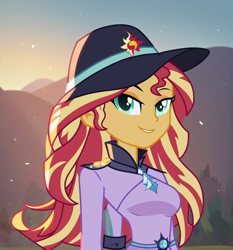 Size: 1304x1400 | Tagged: safe, ai content, derpibooru import, generator:pony diffusion v6 xl, generator:stable diffusion, machine learning generated, sunset shimmer, human, equestria girls, g4, bust, clothes, dress, female, hat, portrait, prompter:thismaybeyou, scenery, show accurate, solo