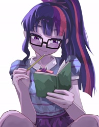 Size: 1593x2048 | Tagged: safe, artist:gunim8ed, derpibooru import, sci-twi, twilight sparkle, human, equestria girls, g4, female, frown, glasses, looking at something, notebook, pencil, ponytail, simple background, solo, white background