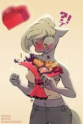 Size: 3100x4600 | Tagged: safe, artist:yarugreat, derpibooru import, limestone pie, anthro, earth pony, pony, g4, angry, blushing, bouquet, box of chocolates, exclamation point, flower, heart, holiday, interrobang, midriff, question mark, valentine's day