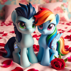 Size: 1024x1024 | Tagged: safe, ai content, derpibooru import, generator:bing image creator, generator:dall-e 3, machine learning generated, rainbow dash, soarin', pegasus, pony, g4, 3d, bed, bedroom, female, flower, hearts and hooves day, male, pillow, prompter:*rainbow dash*, rose, shipping, soarindash, straight