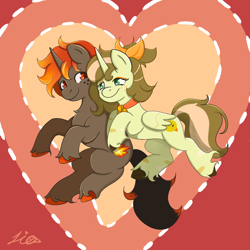 Size: 3072x3072 | Tagged: safe, artist:duckyia, derpibooru import, oc, oc only, alicorn, bird, duck, pony, unicorn, bow, brown mane, chest fluff, couple, ear fluff, ears, fire, floating, hair bow, heart, hearts and hooves day, love, orange eyes, ponytail, unshorn fetlocks, wings