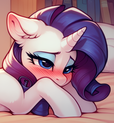 Size: 1118x1204 | Tagged: safe, ai content, derpibooru import, generator:pony diffusion v6 xl, generator:stable diffusion, machine learning generated, rarity, pony, unicorn, g4, bed, blushing, blushing profusely, book, bookshelf, covering mouth, cropped, cropped porn, cute, ear blush, ear fluff, ears, embarrassed, female, floppy ears, indoors, lidded eyes, lying down, lying on bed, mare, on bed, pillow, prompter:tyto4tme4l, prone, solo