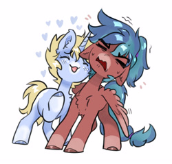 Size: 2499x2390 | Tagged: safe, artist:opalacorn, derpibooru import, oc, oc only, oc:blitz razorwind, oc:nootaz, pegasus, pony, unicorn, chest fluff, disembodied penis, duo, duo male and female, emanata, eyes closed, female, floating heart, heart, male, mare, nudity, nuzzling, oc x oc, open mouth, open smile, penis, plewds, shipping, simple background, smiling, stallion, straight, sweat, sweatdrops, white background, wings, wings down