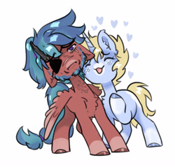 Size: 2499x2390 | Tagged: safe, alternate version, artist:opalacorn, derpibooru import, oc, oc only, oc:blitz razorwind, oc:nootaz, pegasus, pony, unicorn, beard, chest fluff, disembodied penis, duo, duo male and female, emanata, eye scar, eyepatch, eyes closed, facial hair, facial scar, female, floating heart, heart, male, mare, metal gear solid 5, nudity, nuzzling, oc x oc, open mouth, open smile, penis, plewds, scar, shipping, simple background, smiling, stallion, straight, sweat, sweatdrops, venom snake, white background, wings, wings down