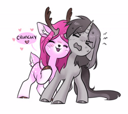 Size: 2847x2542 | Tagged: safe, artist:opalacorn, derpibooru import, oc, oc only, oc:rainbow crash, deer, pony, unicorn, adorable distress, commission, cute, doe, duo, duo female, ears, eyes closed, female, floating heart, floppy ears, heart, lesbian, mare, nuzzling, oc x oc, open mouth, open smile, shipping, simple background, smiling, varying degrees of want, white background, ych result