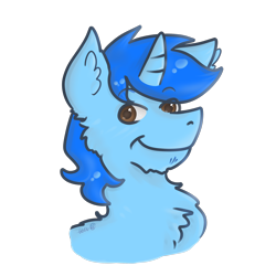 Size: 2000x2000 | Tagged: safe, artist:thetruecrystalvixen, derpibooru import, oc, oc only, oc:"d", 2022, blue mane, blue pony, bust, chest fluff, ear fluff, ears, eyebrows, eyebrows visible through hair, head only, looking at someone, looking at something, looking at you, male, portrait, signature, simple background, smiling, solo, stallion, transparent background