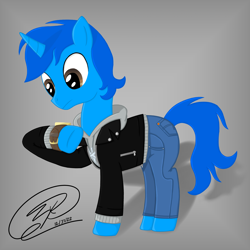 Size: 3840x3840 | Tagged: safe, artist:iamaveryrealperson, derpibooru import, oc, oc only, oc:"d", pony, unicorn, g4, 2022, blue mane, blue pony, clothes, colored, date (time), denim, gradient background, gray background, hoodie, jacket, jeans, leather, leather jacket, looking at something, looking down, male, pants, shadow, signature, simple background, solo, stallion, standing, watch, wristwatch, zipper