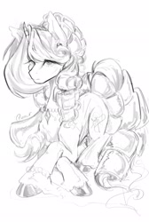 Size: 1378x2048 | Tagged: safe, artist:pleuni, derpibooru import, oc, oc only, pony, unicorn, bracelet, female, grayscale, jewelry, lying down, mare, monochrome, necklace, prone, sketch, solo