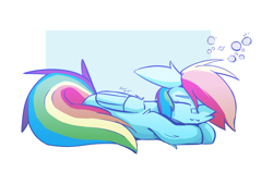 Size: 4340x2955 | Tagged: safe, artist:toxinagraphica, derpibooru import, rainbow dash, pegasus, pony, g4, cheek fluff, cute, ear fluff, ears, female, fluffy, mare, multicolored hair, simple background, sleeping, solo, wings