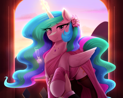 Size: 2500x2000 | Tagged: safe, artist:thebatfang, derpibooru import, princess celestia, alicorn, human, pony, g4, backlighting, balcony, beautiful, clothes, cute, cutelestia, dress, ethereal mane, ethereal tail, feather, female, flower, flower in hair, flowing tail, folded wings, gem, glowing, glowing horn, hand, holiday, hoof hold, horn, jewelry, levitation, lidded eyes, looking at you, magic, mare, multicolored hair, necklace, offscreen character, peytral, pink eyes, pov, raised hoof, raised leg, smiling, smiling at you, socks, solo focus, starry mane, stars, stockings, sunlight, sunset, tail, telekinesis, thigh highs, valentine's day, wings