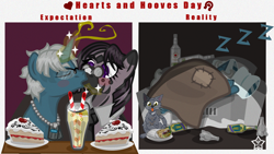 Size: 1332x750 | Tagged: safe, artist:devorierdeos, derpibooru import, oc, oc:brush light, oc:striscia di inchiostro, cat, pony, unicorn, zebra, fallout equestria, alcohol, beer, blanket, blushing, cake, date night, expectation vs reality, food, glasses, glowing, glowing horn, hearts and hooves day, horn, kissing, lonely, meme, shawarma, sleeping, sofa, vodka