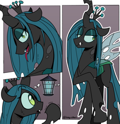 Size: 2233x2312 | Tagged: safe, artist:icey, derpibooru import, queen chrysalis, changeling, changeling queen, behaving like a moth, bug zapper, bugs doing bug things, fangs, lamp, this will end in pain, tongue, tongue out