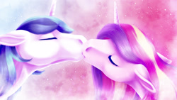 Size: 1920x1080 | Tagged: safe, artist:oneiria-fylakas, derpibooru import, princess cadance, shining armor, horse, pony, female, hoers, kissing, male, shiningcadance, shipping, straight