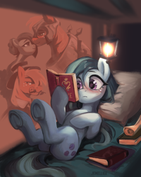 Size: 1730x2160 | Tagged: safe, artist:jewellier, derpibooru import, big macintosh, marble pie, earth pony, pony, g4, bed, blushing, book, daydream, female, lying down, male, mare, reading, scroll, ship:marblemac, shipping, stallion, straight, underhoof