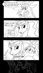 Size: 3024x5102 | Tagged: safe, artist:mr100dragon100, derpibooru import, discord, princess celestia, 3 panel comic, alternate hairstyle, cake, comic, cute, discute, dislestia, female, food, hearts and hooves day, holiday, male, monochrome, ponytail, shipping, straight, valentine's day