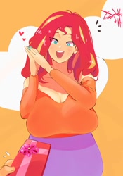 Size: 1400x2000 | Tagged: safe, artist:sozglitch, derpibooru import, sunset shimmer, human, bare shoulders, big breasts, box of chocolates, breasts, cleavage, clothes, emanata, female, floating heart, hands together, heart, holiday, huge breasts, humanized, nail polish, offscreen character, open mouth, open smile, pov, signature, smiling, solo focus, valentine, valentine's day