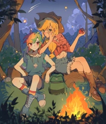 Size: 1800x2100 | Tagged: safe, artist:xinjinjumin3316237, derpibooru import, applejack, rainbow dash, human, equestria girls, appledash, campfire, female, grass, humanized, lesbian, outdoors, shipping