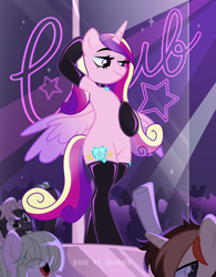 Size: 3000x3854 | Tagged: safe, alternate version, artist:ghostpikachu, derpibooru import, princess cadance, alicorn, pony, semi-anthro, g4, base used, bipedal, clothes, club, collar, dancing, high res, horn, latex, latex socks, party, pole, pole dancing, sexy, socks, solo focus, spotlight, stockings, stripper pole, thigh highs, wings