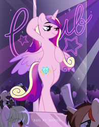 Size: 3000x3854 | Tagged: safe, alternate version, artist:ghostpikachu, derpibooru import, princess cadance, alicorn, pony, semi-anthro, g4, base used, bipedal, club, dancing, high res, horn, party, pole, pole dancing, sexy, solo focus, spotlight, stripper pole, wings