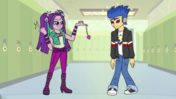 Size: 5760x3240 | Tagged: safe, artist:tf-circus, derpibooru import, aria blaze, flash sentry, equestria girls, canterlot high, heart, hypnosis, hypnotist, hypnotized, jewelry, lockers, love spell, pendant, swirly eyes