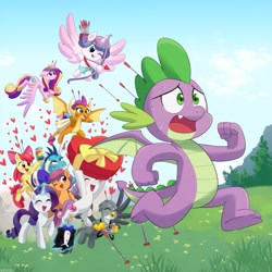 Size: 1225x1225 | Tagged: safe, artist:riouku, derpibooru import, apple bloom, gabby, princess cadance, princess ember, princess flurry heart, rarity, scootaloo, smolder, spike, sweetie belle, alicorn, anthro, dragon, griffon, unicorn, g4, 2d, apple, arrow, bow (weapon), bow and arrow, camera, commissioner:vatobot17, cupid, cutie mark, cutie mark crusaders, dragoness, female, food, gemstones, grass, grass field, hearts and hooves day, holiday, horn, jam, like mother like daughter, like parent like child, male, mother and child, mother and daughter, outdoors, parent and child, princess of love, princess of shipping, proud, running, running away, scared, ship:emberspike, ship:scootaspike, ship:spabby, ship:spikebelle, ship:spikebloom, ship:spolder, shipping, sparity, spike gets all the dragons, spike gets all the mares, spike is not amused, straight, this will end in snu snu, unamused, valentine's day, weapon, winged spike, wings, zap apple, zap apple jam