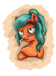 Size: 500x675 | Tagged: safe, artist:aisuroma, artist:thelastphosphonian, derpibooru import, oc, oc only, oc:aisuroma, pony, annoyed, bow, bust, cigarette, glasses, hair bow, solo