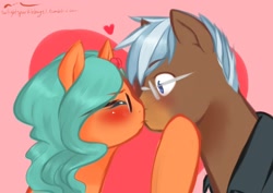 Size: 1280x905 | Tagged: safe, artist:aisuroma, derpibooru import, oc, oc only, oc:aisuroma, pony, bust, clothes, glasses, heart, kiss on the lips, kissing, portrait