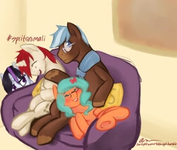 Size: 1280x1083 | Tagged: safe, artist:aisuroma, derpibooru import, oc, oc only, oc:aisuroma, oc:any pony, earth pony, pegasus, pony, unicorn, glasses, laughing, lying down, on back, shrug, sitting, sofa