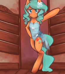 Size: 1024x1160 | Tagged: safe, artist:aisuroma, derpibooru import, oc, oc only, oc:aisuroma, pony, bipedal, clothes, doorway, dress, lipstick, showgirl, solo