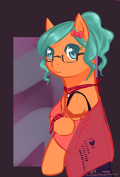 Size: 1138x1676 | Tagged: safe, artist:aisuroma, derpibooru import, oc, oc only, oc:aisuroma, pony, bipedal, bow, bust, clothes, frown, glasses, see-through, solo