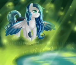 Size: 1024x880 | Tagged: safe, artist:aisuroma, derpibooru import, oc, oc only, pegasus, pony, colored wings, pond, smiling, solo, spread wings, two toned wings, water, wings