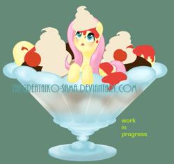 Size: 561x530 | Tagged: safe, artist:aisuroma, derpibooru import, fluttershy, pegasus, pony, bowl, dessert, female, food, licking, licking lips, mare, simple background, solo, tiny, tiny ponies, tongue, tongue out, whipped cream