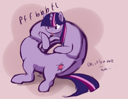 Size: 1280x991 | Tagged: safe, artist:aisuroma, derpibooru import, twilight sparkle, food pony, original species, pony, unicorn, :p, bagel, bread, dialogue, food, lying down, on back, ponified, raspberry, solo, species swap, tongue, tongue out