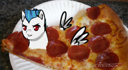 Size: 1280x699 | Tagged: safe, artist:aisuroma, derpibooru import, oc, oc only, oc:saberspark, food pony, original species, pegasus, pony, analysis bronies, food, pizza, ponified, solo, species swap