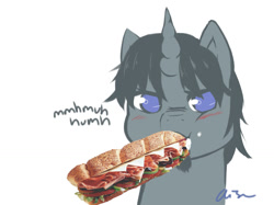 Size: 1197x894 | Tagged: safe, artist:aisuroma, derpibooru import, oc, oc only, pony, unicorn, annoyed, blushing, bust, facial hair, food, goatee, no pupils, not porn, portrait, sandwich, sandwich censorship, simple background, solo, white background