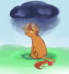 Size: 1280x1380 | Tagged: safe, artist:aisuroma, derpibooru import, oc, oc only, oc:past analysis, earth pony, pony, looking back, rain, sad, sitting, solo, stormcloud