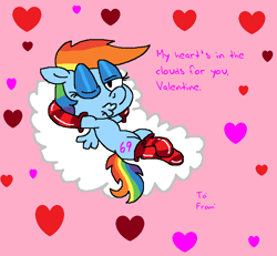 Size: 802x740 | Tagged: safe, artist:dragonboi471, artist:rainbowdashsmailbag, derpibooru import, rainbow dash, pony, clothes, cloud, heart, holiday, on a cloud, socks, solo, striped socks, valentine's day