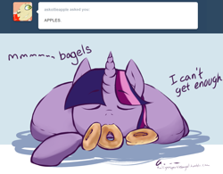 Size: 2263x1764 | Tagged: safe, artist:aisuroma, derpibooru import, twilight sparkle, food pony, original species, pony, unicorn, ask, bagel, bread, dialogue, eating, eyes closed, food, lying down, ponified, prone, solo, species swap