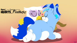 Size: 3840x2160 | Tagged: safe, artist:rupert, derpibooru import, edit, gilda, oc, oc:rupert the blue fox, earth pony, fox, fox pony, griffon, hybrid, pony, g4, butt, canon x oc, chubby, cute, eyes closed, facing each other, female, gildadorable, gradient background, heart, lineless, love, lying down, male, male and female, ocbetes, plot, prehensile tail, prone, rupertbetes, ship:rupilda, shipping, smiling, story:hearts and feathers, straight, tail, tail hold, wallpaper, wallpaper edit