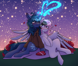 Size: 2643x2257 | Tagged: safe, artist:b(r)at, derpibooru import, oc, oc:arclight, pegasus, pony, unicorn, couple, cute, holiday, magic, stars, valentine's day, wholesome