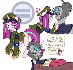 Size: 2750x2642 | Tagged: safe, artist:madiwann, derpibooru import, oc, oc only, oc:silver serenity, unicorn, clothes, female, glasses, looking at each other, looking at someone, metal slug, not starlight glimmer, paper, present, suit