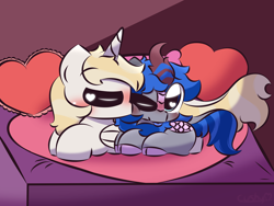 Size: 3200x2400 | Tagged: safe, artist:cushyhoof, derpibooru import, oc, oc:ravyn moonchild, oc:space, alicorn, kirin, pony, 4:3, :p, bed, blushing, cuddling, cute, gay, high res, holiday, kirin oc, kissing, male, phone drawing, size difference, tongue, tongue out, valentine's day