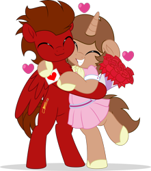 Size: 4420x5000 | Tagged: safe, artist:jhayarr23, derpibooru import, oc, oc only, oc:heroic armour, oc:slide fortissimo, pegasus, pony, unicorn, bipedal, clothes, commission, crossdressing, dress, flower, gay, heart, hug, male, simple background, smiling, stallion, transparent background, ych result