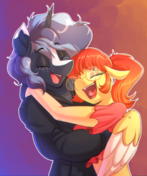 Size: 2584x3096 | Tagged: safe, artist:witchtaunter, derpibooru import, oc, oc only, oc:witching hour, anthro, clothes, couple, freckles, glasses, holiday, hoodie, hug, laughing, oc x oc, open mouth, shipping, valentine's day