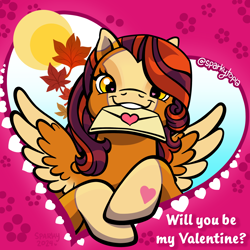 Size: 2400x2400 | Tagged: safe, artist:sparkytopia, derpibooru import, oc, oc:october moon, pegasus, pony, g3, coat markings, cute, golden eyes, happy, heart, holiday, looking at you, orange coat, signature, smiling, socks (coat marking), solo, spread wings, text, valentine's day, valentine's day card, wings