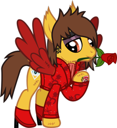 Size: 1122x1221 | Tagged: safe, artist:lightningbolt, derpibooru exclusive, derpibooru import, pegasus, pony, .svg available, alex gaskarth, all time low, butt fluff, cheek fluff, cigarette, clothes, dyed wings, ear fluff, ears, eyeliner, eyeshadow, flower, flower in mouth, hair over one eye, high heels, hoof fluff, hoof hold, looking at you, makeup, male, mouth hold, ponified, raised hoof, raised leg, rose, rose in mouth, shirt, shoes, show accurate, simple background, smiling, solo, species swap, spread wings, stallion, standing, suit jacket, svg, tail, tail feathers, tattoo, transparent background, undershirt, vector, wing fluff, wings