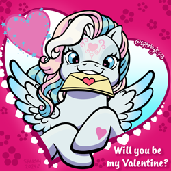 Size: 2400x2400 | Tagged: safe, artist:sparkytopia, derpibooru import, part of a set, star catcher, pegasus, pony, g3, cute, facial markings, happy, heart, holiday, looking at you, signature, smiling, solo, spread wings, text, valentine's day, valentine's day card, white coat, wings